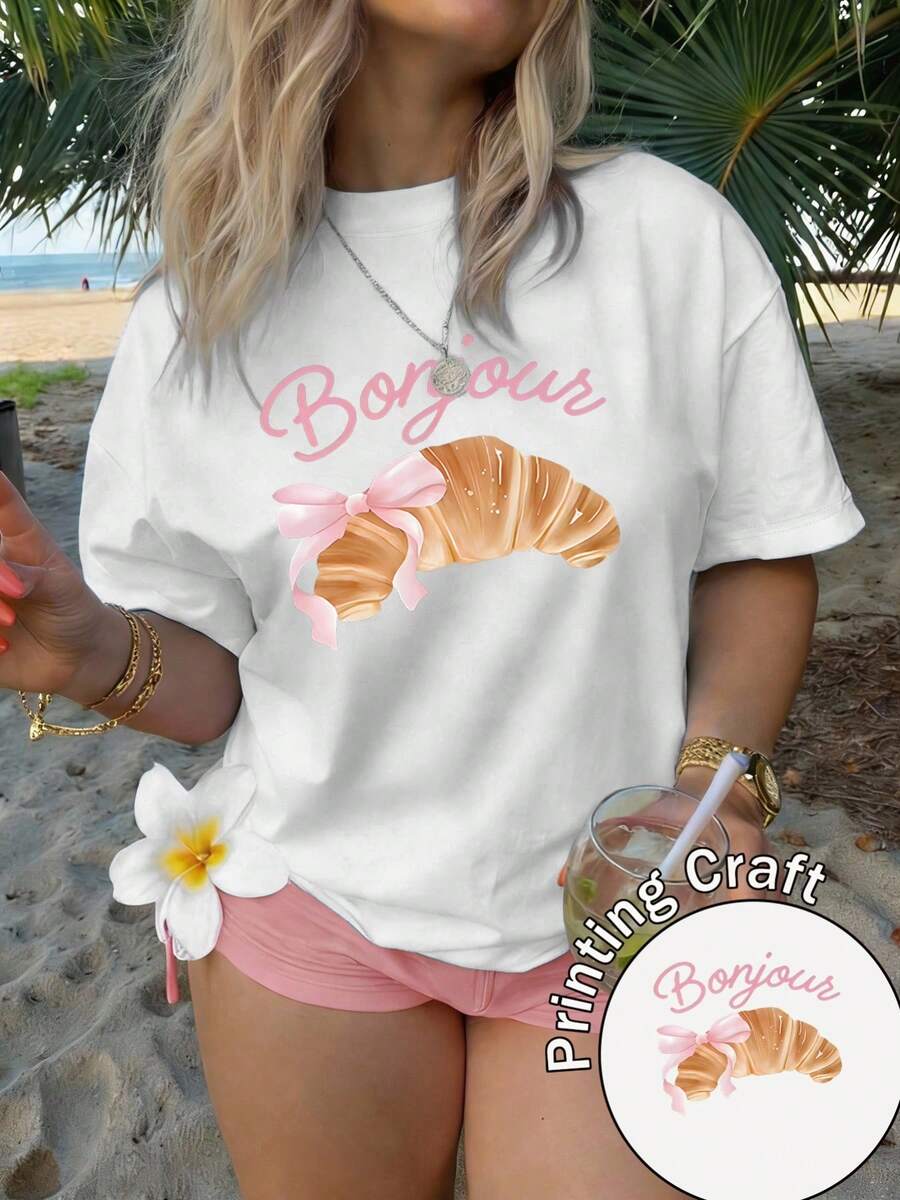 Women's Short-Sleeved T-Shirt With Round Neck, 100% Polyester Fiber, Machine Washable, Easy Care, Casual Design With French-Style Letter And Dessert Print, Romantic Breakfast Print, New Summer Collection 2026, Suitable For Daily Wear And Travel. - 白色 - 查看 1