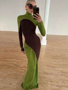 Vestido ajustado de cintura alta en combinación de colores, moderno y creativo para la calle - Verde - Ver 3