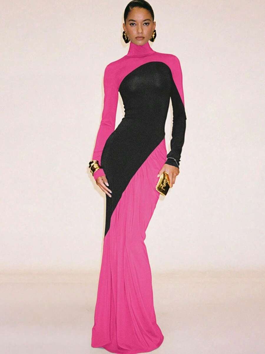 Vestido ajustado de cintura alta en combinación de colores, moderno y creativo para la calle - Rosa Fucsia - Ver 1