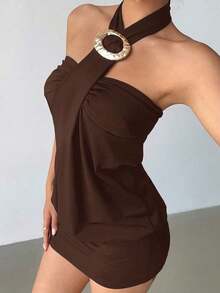 Vestido Mini Bodycon Sexy de Estilo Vanguardista Y2K para Mujer de , con Decoración de Botones Metálicos, Morado, Vestidos de Fiesta para Mujer, Vestidos para Fiestas de Mujer - Marrón 4 - Ver 6