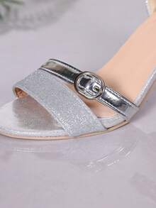 Silver Glitter High Heel Sandals, Versatile Strap Party & Wedding Shoes, Mid-Heel Comfortable Design For Plus Size - Silver - View 9