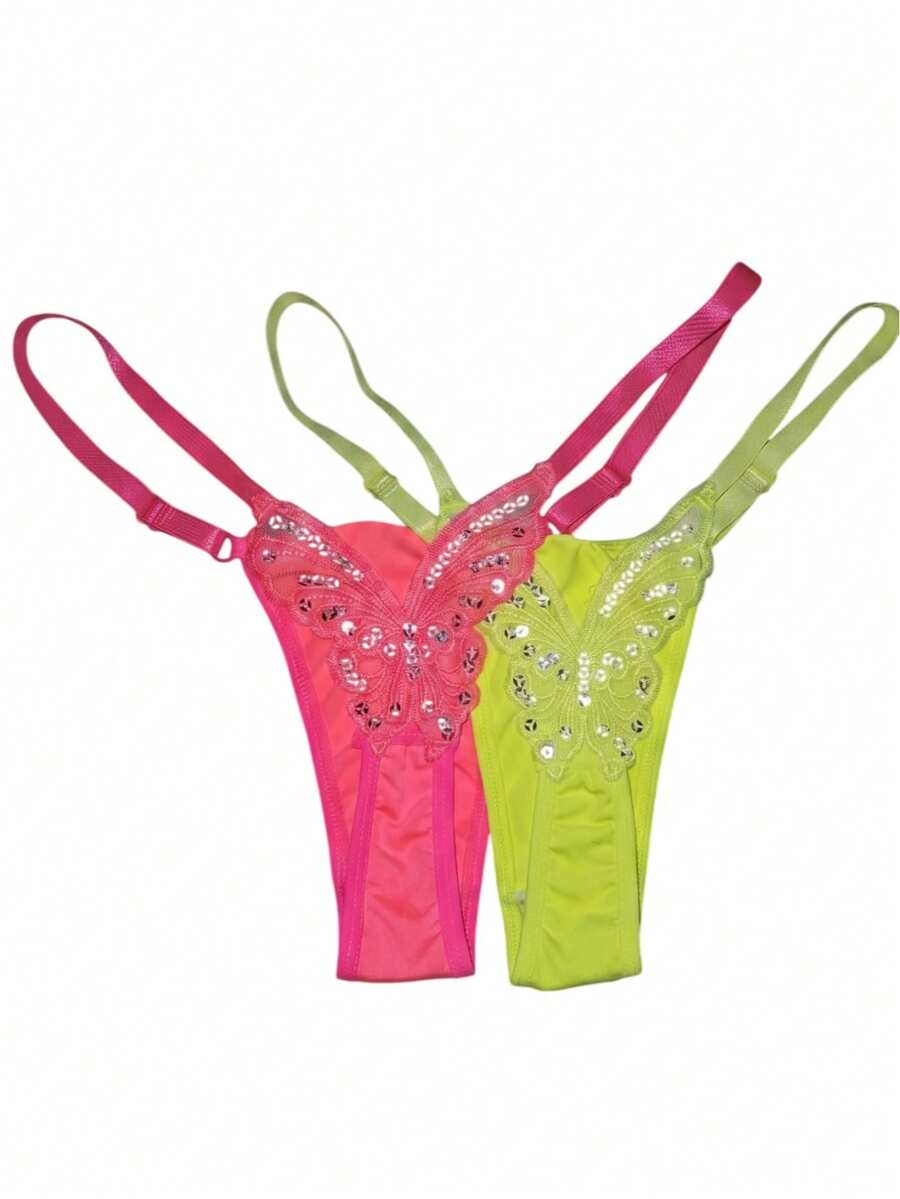 Butterfly Panties Kit 2 Microfiber Thong Lingerie Sexy Sensual Adjustable G-String - Rosa neón y amarillo neón - Ver 1