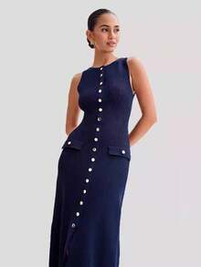 New Collection Sleeveless Fitted Knit Dress With Round Neck - Blue - View 6