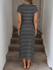 Vestido midi sin mangas con estampado de lunares marrones y azules, cintura elegante con detalle retorcido y abertura alta, vestido ajustado de punto casual para mujer, atuendo de cumpleaños para mujer, conjunto deportivo para mujer, vestido para invitadas de boda, ropa de oficina para mujer, vestidos de verano para mujer. - Multicolor 5 - Ver 4