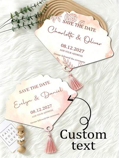 Invitación de abanico de boda personalizada, abanico de mano con borla personalizado, tarjeta de ceremonia de boda/fiesta de novia al aire libre, favor de boda personalizado con abanico, tarjeta de invitación con texto personalizable, tarjeta personalizada, favor perfecto para fiesta de jardín