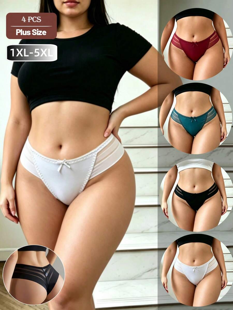 4pcs/Set Sexy Mesh Patchwork Breathable Summer Thin Sheer Bodycon High Waist Plus Size Women's Thong Panties - Multicolor - View 1