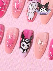 SANRIO 24片Y2K 3D凝胶杏仁形法式美甲贴纸，印有可爱的Hello Kitty、Kuromi和My Melody图案，搭配3D凝胶银色蝴蝶结和爱心装饰，粉色少女风，适用于亚克力美甲套装，包含1瓶胶水和1个指甲锉，适合女士日常派对使用。 - 彩色 - 查看 4