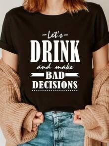 Camiseta de manga corta con estampado de letras DRINK, cuello redondo, moderna y versátil. - Negro - Ver 1