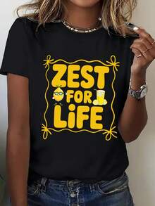 Oversize Slim Plus Size - Women's Oversized T-Shirt - Loose Fit Everyday Top With Bold "ZEST For LIFE" Print - Lightweight Black T-Shirt With Yellow Lettering - Casual Plus Size Women's T-Shirt - Suitable For Everyday Wear And Parties - A Year-Round Wardrobe Essential, Loose Fit, Fun Design, Soft Material, Ideal For Fashion Enthusiasts - 黑色 - 查看 5