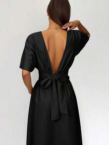 Vestido midi de verano casual para mujer con mangas de murciélago, espalda descubierta y cintura con lazo - Negro - Ver 7