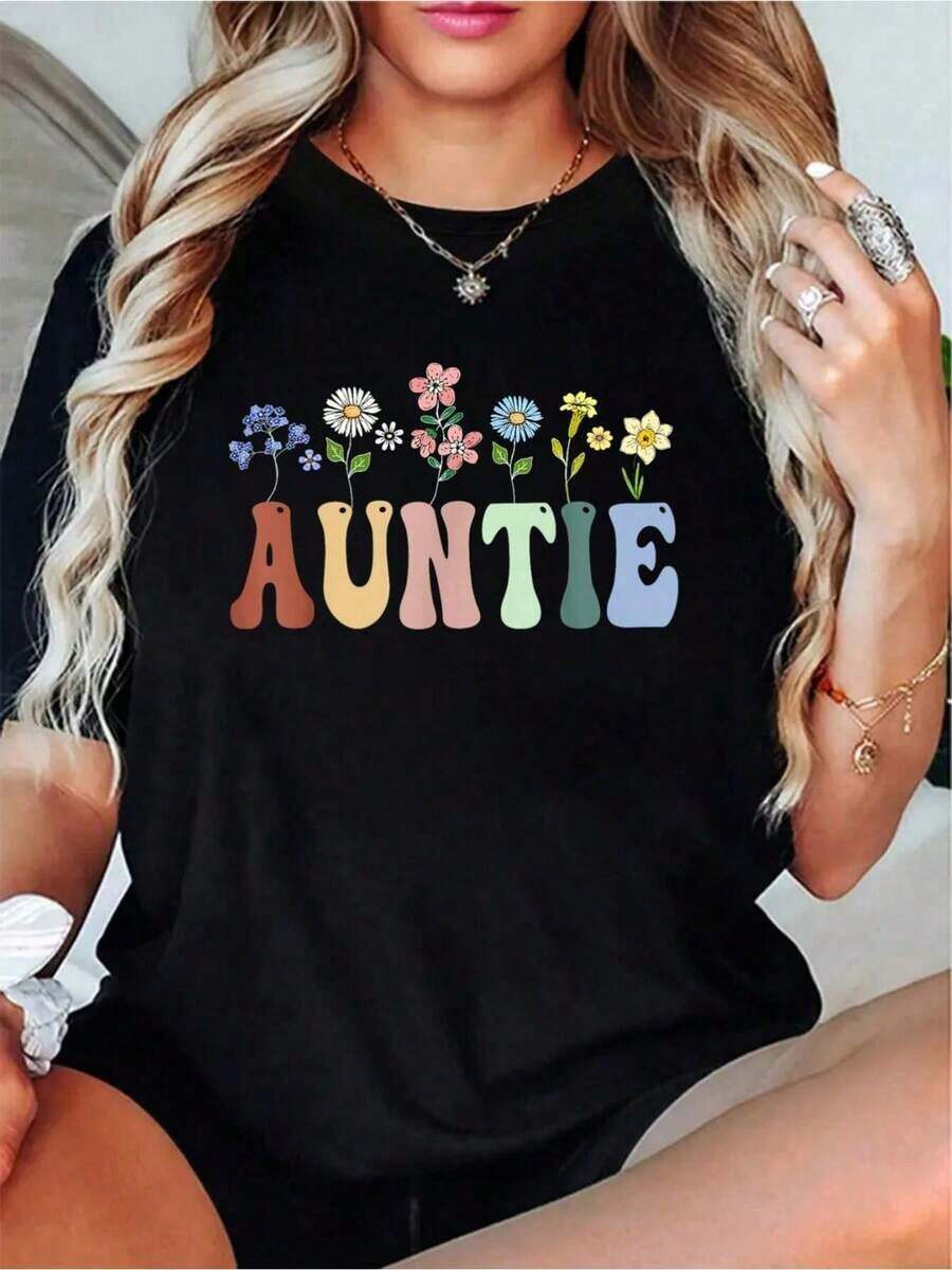 Gifts For Aunt: Women's T-Shirt With Wildflower Floral Design, Fashionable Women's T-Shirt, Short Sleeve Round Neck Printed T-Shirt, Women's Holiday T-Shirt. - 黑色 - 查看 1