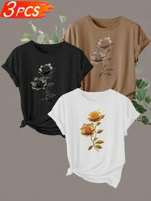 Camiseta casual de mujer de una pieza con cuello redondo y estampado floral. - Blanco - Ver 8