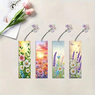 4件套DIY钻石画书签 - 花卉图案，多色马赛克装饰
