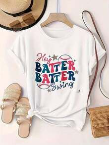 Camiseta Casual de Manga Corta para Mujer - Diseño de Béisbol "Hey Batter Batter Swing" con Estrellas, Cuello Redondo, Top de Verano, Lavable a Máquina, Camisetas para Damas, Ropa Casual, Estilo Moderno, Ajuste Cómodo  
 -Blanco - Blanco - Ver 2