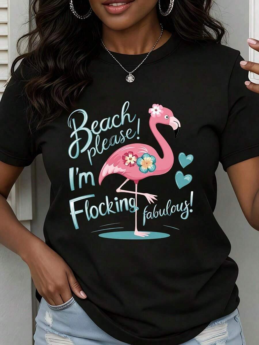 Camiseta de Cuello Redondo para Mujer con Estampado de Flamencos, Manga Corta, para Vacaciones de Verano, Fiestas y Uso Casual - Negro - Ver 1