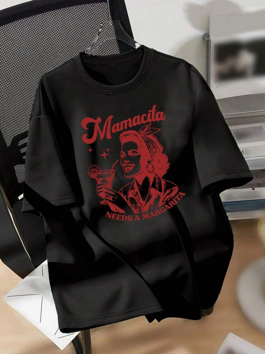 Camiseta Oversize para Mujer - Estampado Gráfico "Mamacita Needs A Margarita", Cuello Redondo Casual, Manga Corta, Negra, Uso en Todas las Temporadas, Estilo Y2k - Negro - Ver 1