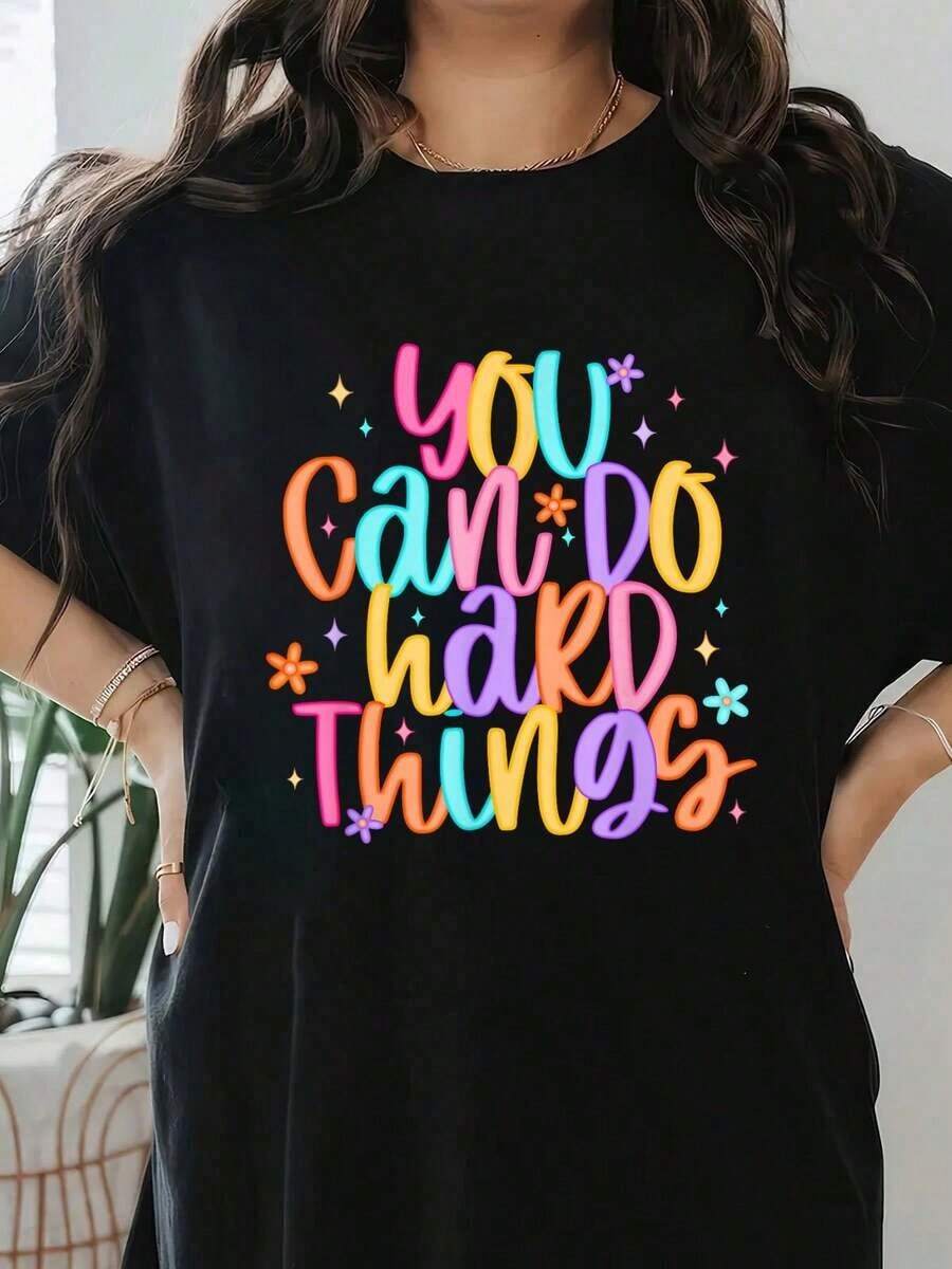 100% Cotton Blouses, T-Shirt With 'Test Day: You Can Do Hard Things' Print, Teacher Support T-Shirt For Test Day, Streetwear Graphic T-Shirt For Men And Women, Black Crew Neck, Holiday Tops - 黑色 - 查看 1
