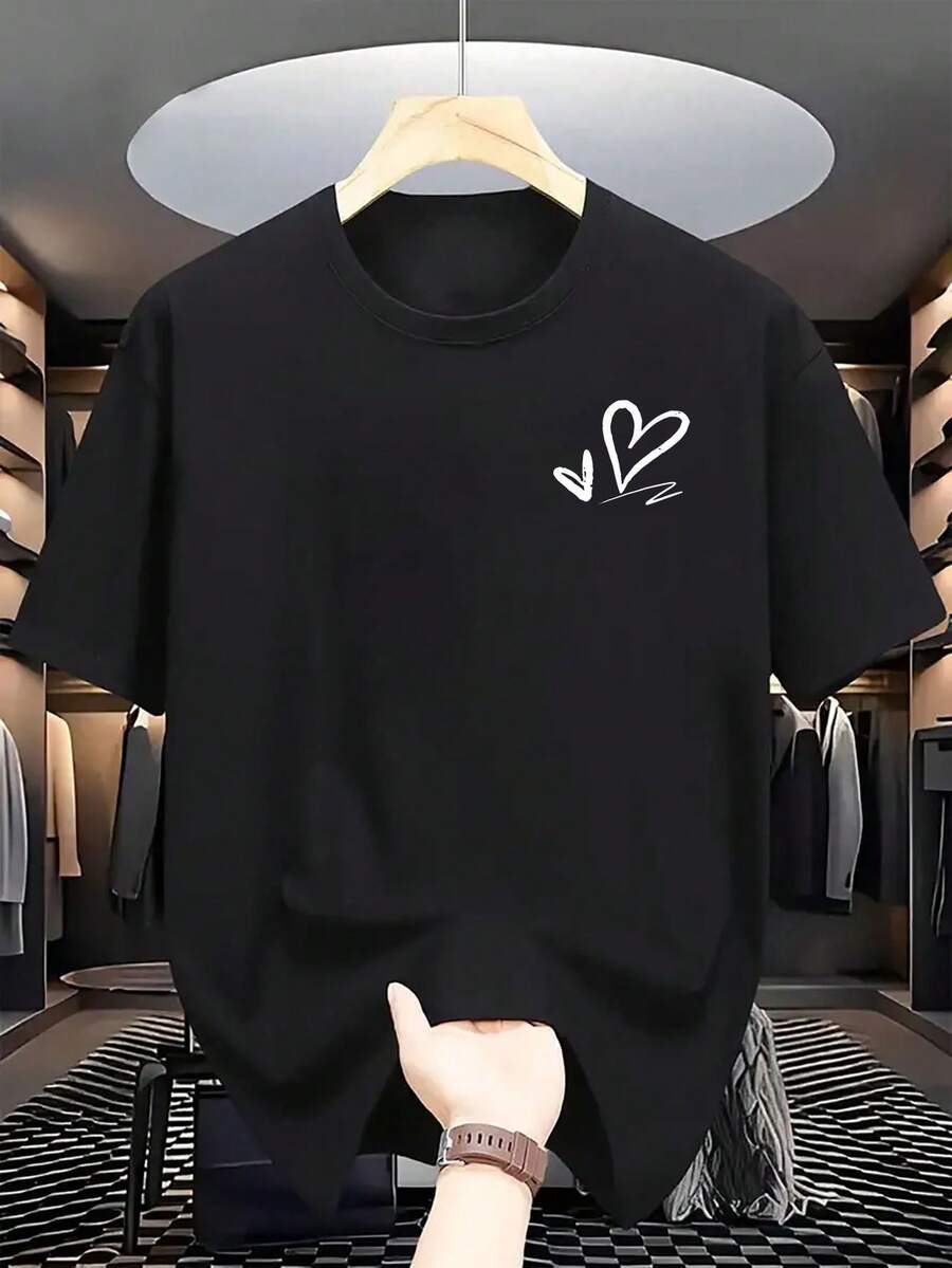 Camiseta Casual de Corte Holgado para Hombre con Estampado de Corazón - Manga Corta, Cuello Redondo, Ligera y Transpirable, Ideal para Conjuntos de Verano, Uso Diario y Fiestas - Cuidado (Lavar a Mano/Secar) Y2k Camiseta Camisa De - Negro - Ver 1