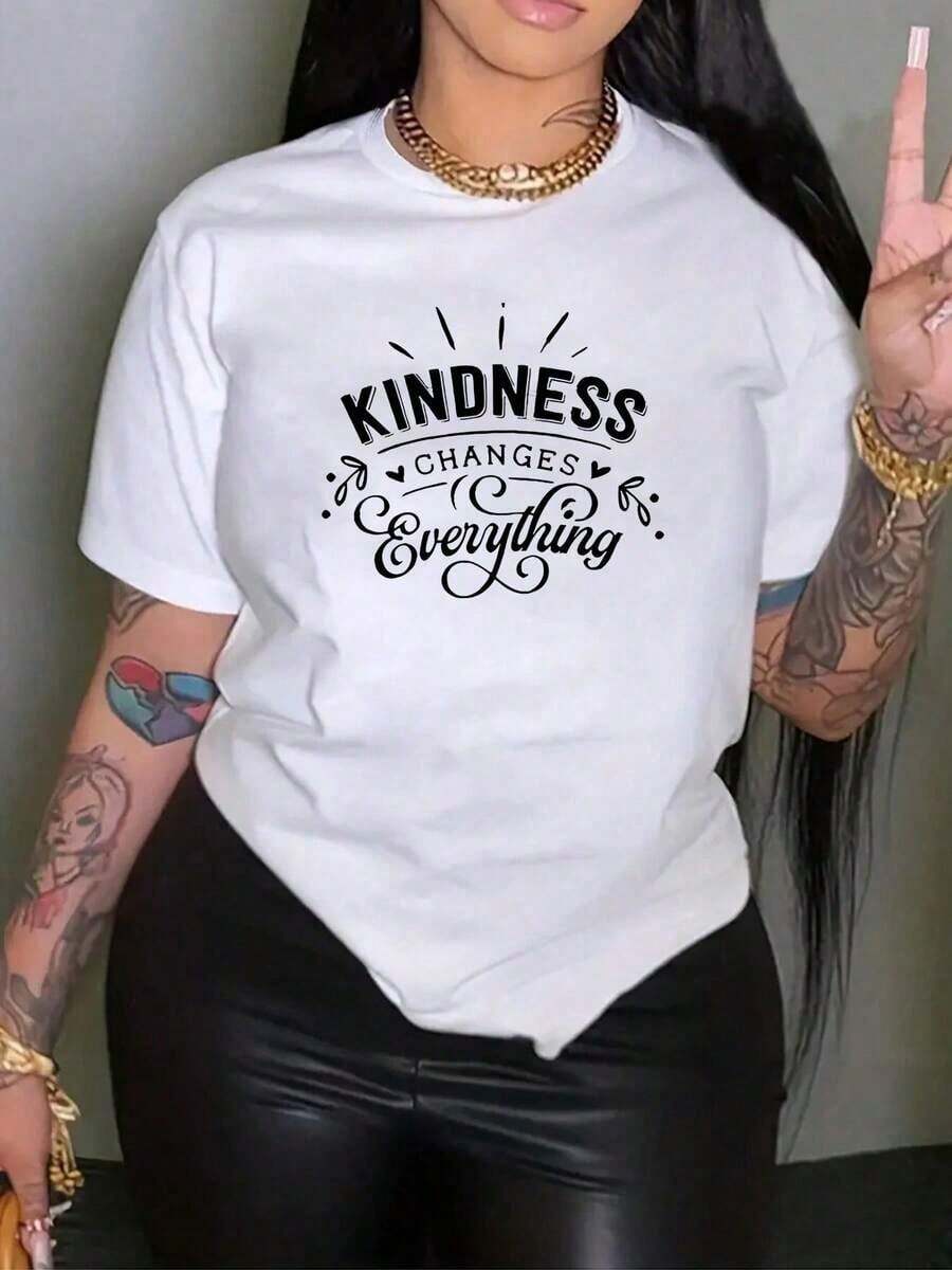 Women's Graphic Print Short-Sleeve T-Shirt, "Kindness Changes Everything," Inspirational Slogan Tee, Super Soft Pure Cotton, Casual Everyday Wear, Perfect Gift For Positive-Minded Women, Comfortable And Stylish T-Shirt For Everyday Leisure. - 白色 - 查看 1