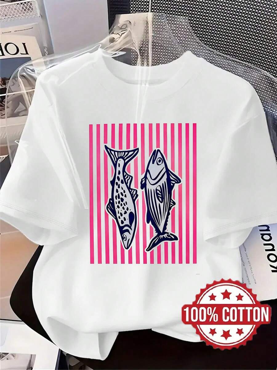 TH529 New Women's T-Shirt, Pink Stripe Print And Fish Design, Fashionable Casual T-Shirt, 100% Round Neck And Short Sleeve, Sweat Absorbent And Breathable, Casual Home Wear, Comfortable, Elegant And Chic, T-Shirt For Spring, Summer And Autumn. - 白色 - 查看 1