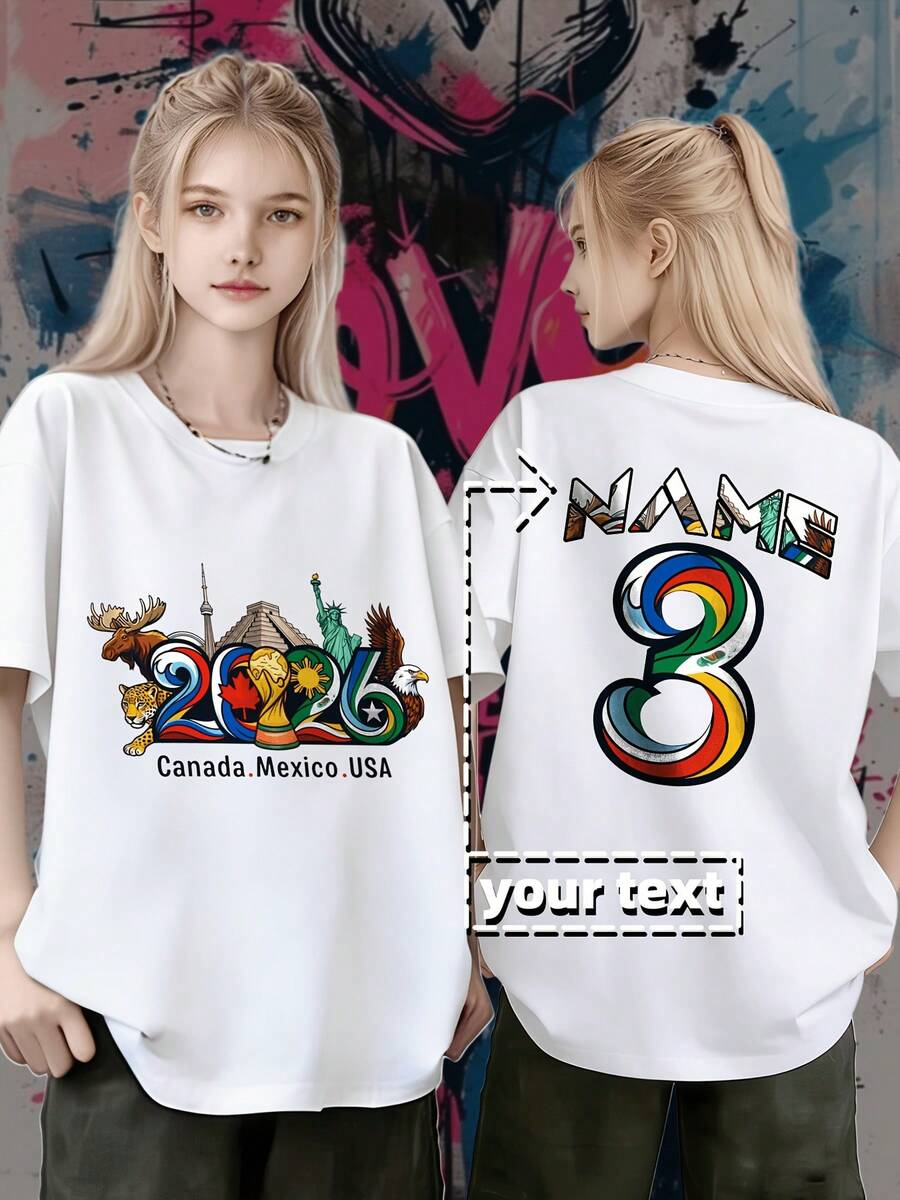Custom Short-Sleeved Youth T-Shirt For The 2026 World Cup, Featuring Cultural Elements From The Three North American Countries For 2026, A Rainbow Gradient Print With The Number 3 And A Monument Design, Suitable For Cheering On Matches And For Everyday Street Wear. - 白色 - 查看 1