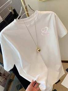 Women's Casual Short Sleeve T-Shirt, Summer 2026, Heart Print, Pink Heart Design On Front And Back, Fashionable Short Sleeves, Double-Sided Design - Personalized Style, Women's Everyday Wear - Casual Round Neck T-Shirt, Medium Stretch Fabric - Comfortable Fit. Plus Size Women's Summer Clothing, Free Clothing For National Independence Day - 白色 - 查看 4