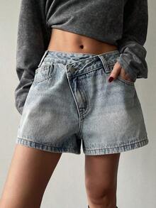 Jeans rectos de cintura baja con banda de cintura elegante para mujer - Azul 2 - Ver 4