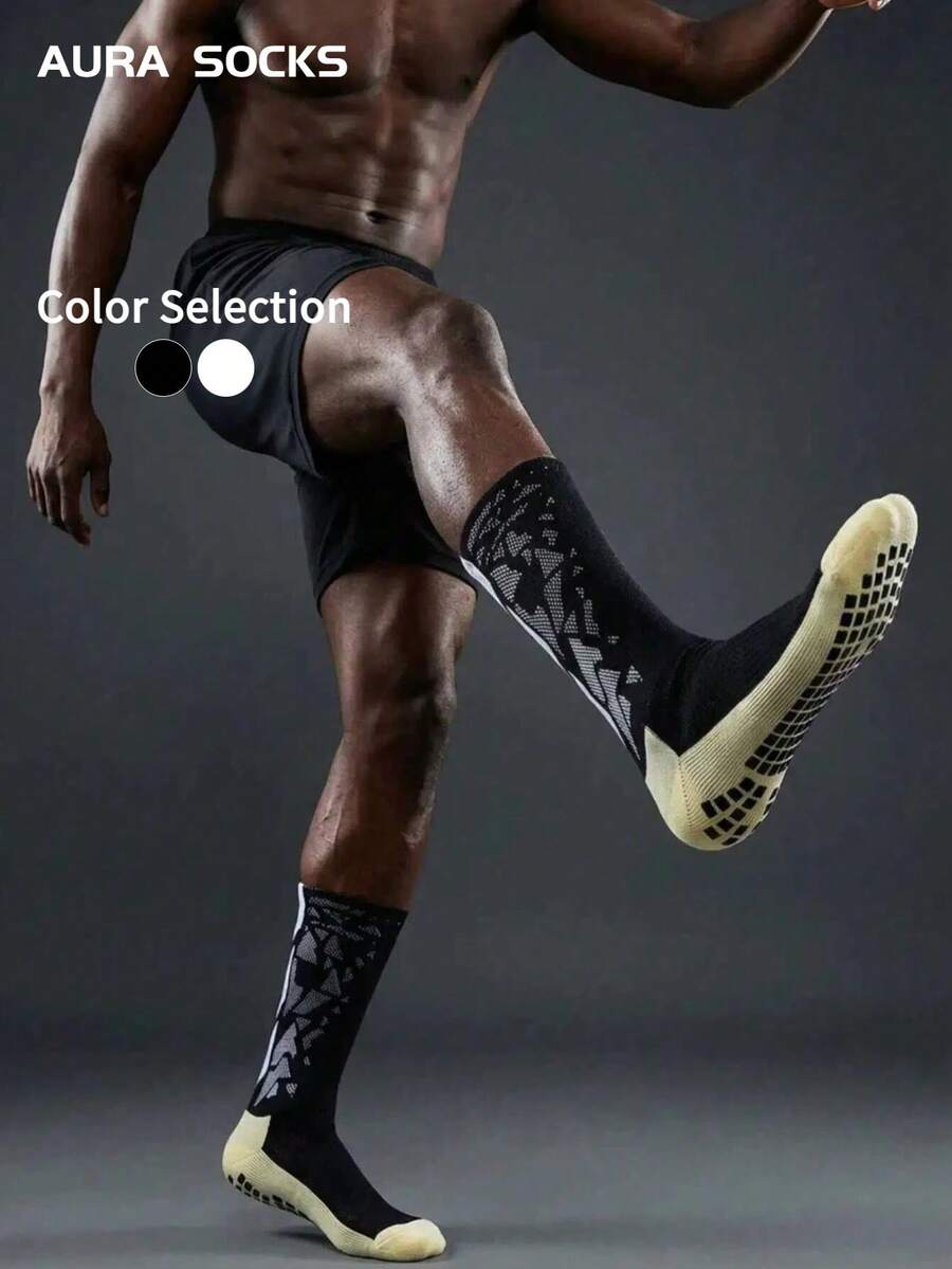1/3 Pairs Men's Black & White Football Mid-Calf Socks, Anti-Slip, Cushioned Support, Breathable For Sports Training & Match - Multicolor - View 1