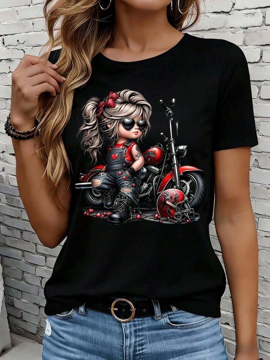 Women's Short-Sleeved T-Shirts In Black And White Are Suitable For Everyday Wear, Lounging At Home, And Outdoor Activities. This T-Shirt Features A Biker Girl Print With A Motorcycle And Heart-Shaped Overalls; It's A Casual Graphic Tee, A Top, And A Great Gift For Parties And Holidays. - 黑色 - 查看 1