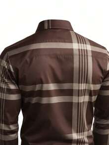 Men's Plaid Print Button-Front Casual Long Sleeve Shirt - Brown - View 3