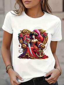 Plus Size - Women's Plus Size T-Shirt With Stunning Pirate Graphic Design, Short Sleeve And Stylish, Adorned With An Ornate Baroque Frame Showcasing A Pirate In A Luxurious Red Dress, Perfect For Casual Summer Outings. - 白色 - 查看 6
