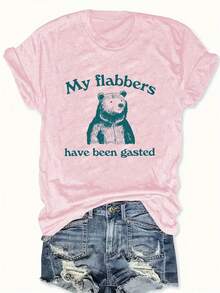 Women's Plus Size Casual T-Shirt With "My Flabbers Have Been Gasted" Raccoon Letter Print, Crew Neck, Slightly Stretchy Fabric, Autumn/Winter Collection, Raccoon T-Shirt - 藕色 - 查看 1