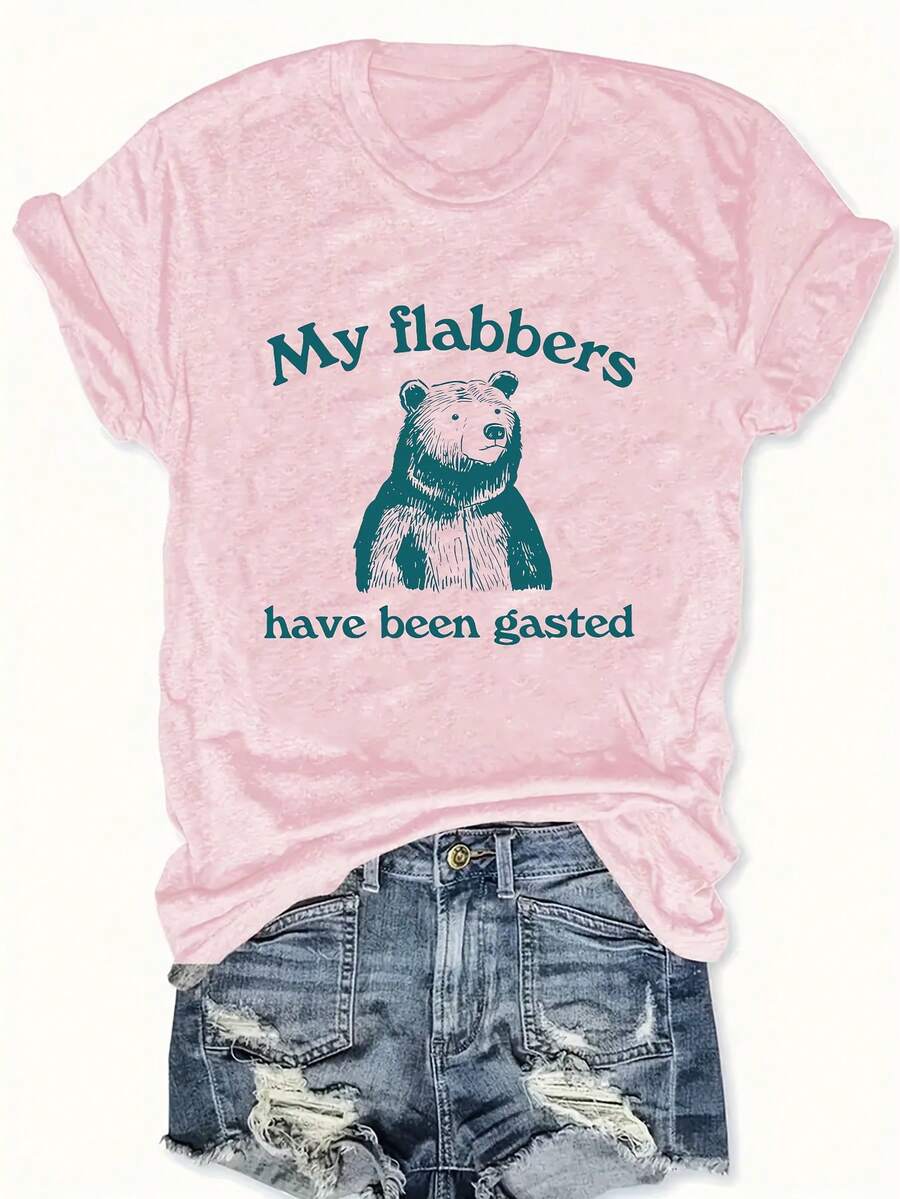 Women's Plus Size Casual T-Shirt With "My Flabbers Have Been Gasted" Raccoon Letter Print, Crew Neck, Slightly Stretchy Fabric, Autumn/Winter Collection, Raccoon T-Shirt - 藕色 - 查看 1