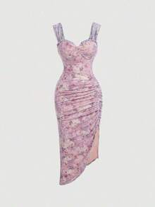 Vestido con estampado floral, plisado y dobladillo asimétrico con abertura, vestidos en tonos pastel para mujer - Rosa - Ver 1