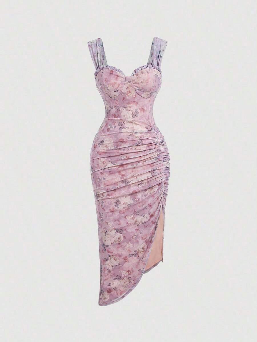 Vestido con estampado floral, plisado y dobladillo asimétrico con abertura, vestidos en tonos pastel para mujer - Rosa - Ver 1