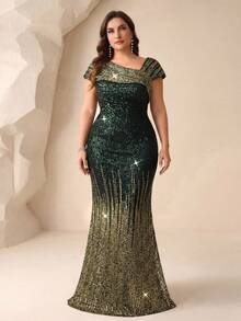 UNITHORSE [Random Cut] Plus Size Women's Asymmetric Ombre Sequin Elegant Evening Gown, Bridal Dress, Birthday Dress, Graduation Dress, Formal Dress Party Wedding Spring - 墨綠色 - 查看 1