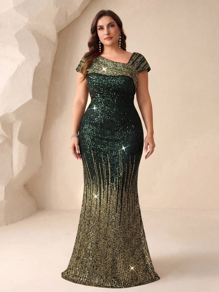 UNITHORSE [Random Cut] Plus Size Women's Asymmetric Ombre Sequin Elegant Evening Gown, Bridal Dress, Birthday Dress, Graduation Dress, Formal Dress Party Wedding Spring - 墨綠色 - 查看 1