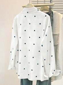 Camisa polo de manga larga con bolsillo y estampado de corazón de unicolor básico casual para mujer, adecuada para uso diario en , verano y otoño - Blanco - Ver 11