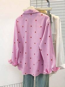 Blusa de mujer con cuello polo, estampado de corazones y rayas - Camisa casual de manga larga con botones, adecuada para uso diario en primavera, verano y otoño - Fresa rosa - Ver 3