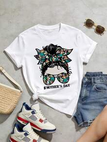 Camiseta de verano para mujer, informal, suave, de cuello redondo y manga corta, para el Día de la Madre. Tanto la diadema como las gafas de sol tienen estampados de perros de dibujos animados coloridos. Blanca. - Blanco - Ver 2