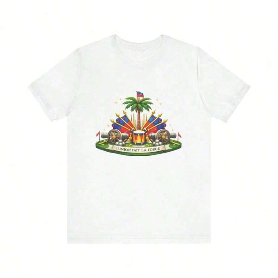 1 Piece Short Sleeve T-Shirt With Haiti Coat Of Arms Print, Made Of Cotton, Breathable, Lightweight, Loose Fit, Casual Style, 180g, 100% Cotton. - 白色 - 查看 1