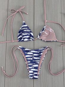 Swim Vcay Conjunto de bikini sexy de 2 piezas para mujer con lazo en el hombro, inalámbrico y con relleno extraíble, adecuado para la playa y el aeropuerto - Azul y blanco - Ver 4