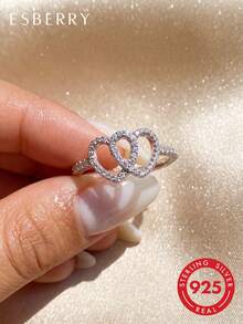 1pc 925 Sterling Silver Fashionable Rhinestone Double Heart Ring, Suitable For Daily Wear, Exquisite Jewelry, Birthday Gift - Diamond-encrusted Double Heart Ring - View 1
