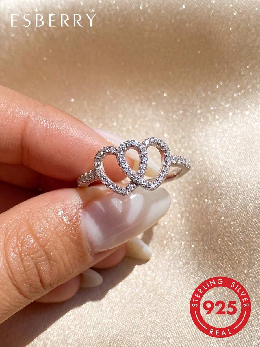 1pc 925 Sterling Silver Fashionable Rhinestone Double Heart Ring, Suitable For Daily Wear, Exquisite Jewelry, Birthday Gift - Diamond-encrusted Double Heart Ring - View 1