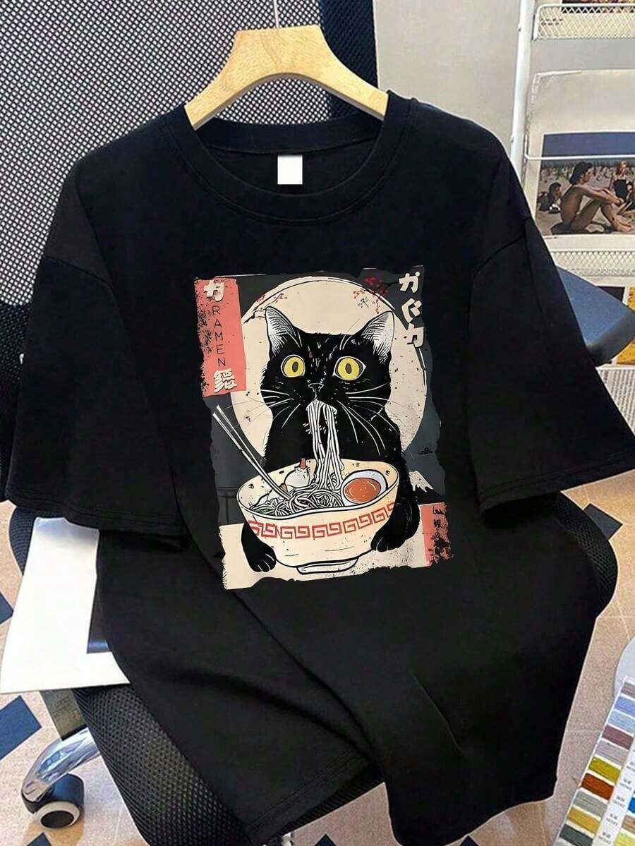 1 camiseta de cuello redondo con estampado de gato comiendo fideos, adecuada para vacaciones de verano, playa, días festivos, primavera, Día de San Valentín, carnaval, regalo para el Día de la Madre. Regalo para mamá; Camiseta de manga corta para graduación; Vuelta al cole; Ceremonia de Graduación; Profesora Verano en familia y con amigos. Adecuado para uso diario, salidas, festivales, playa, fiestas, cumpleaños, reuniones, escuela, festivales de música, vacaciones, desplazamientos, fitness, bodas, ropa exterior. Negro, casual, 180g, 100% algodón, los diseños están impresos. Unisexo. - Negro - Ver 1