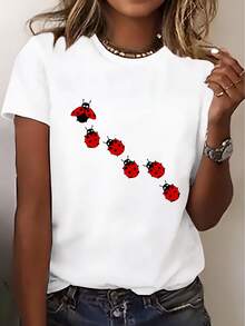 Women's Short Sleeve Ladybug Print T-Shirt - Stylish Round Neck Blouse Suitable For Travel, Beach, Vacation And Gifts | Casual Spring Summer Ladybug Top, Machine Washable For Dates, Holidays, Casual Wear (Not See-Through) - 白色 - 查看 1