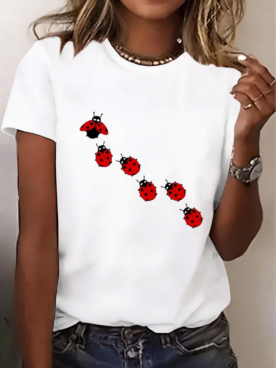 Women's Short Sleeve Ladybug Print T-Shirt - Stylish Round Neck Blouse Suitable For Travel, Beach, Vacation And Gifts | Casual Spring Summer Ladybug Top, Machine Washable For Dates, Holidays, Casual Wear (Not See-Through) - 白色 - 查看 1