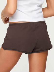 Women's Summer Drawstring Shorts Solid Color Low Waist Casual Breathable Short Pants - Brown - View 2