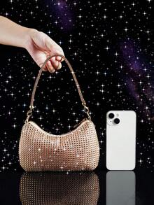 Niche Design Minimalist Evening Bag With Rhinestone Decor, Suitable For Party, Date, Shopping, Versatile Small Handbag - Champagne - View 5
