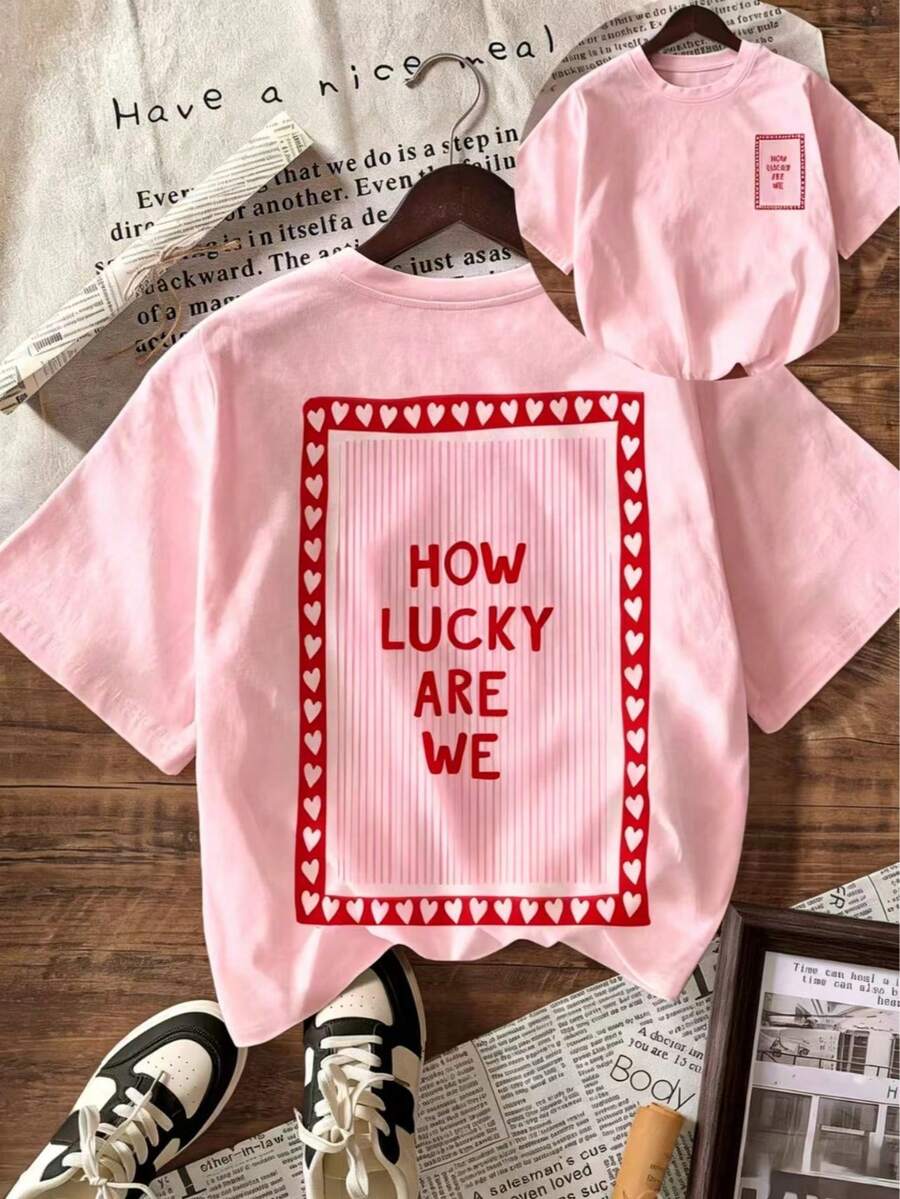 1pcsHow Lucky Are We Women Summer Tops,Beach Outfits, Casual Blouses-Graphic Tees For Women Soft Cotton Short Sleeve Shirts-Back To School Shirt - 粉色 - 查看 1